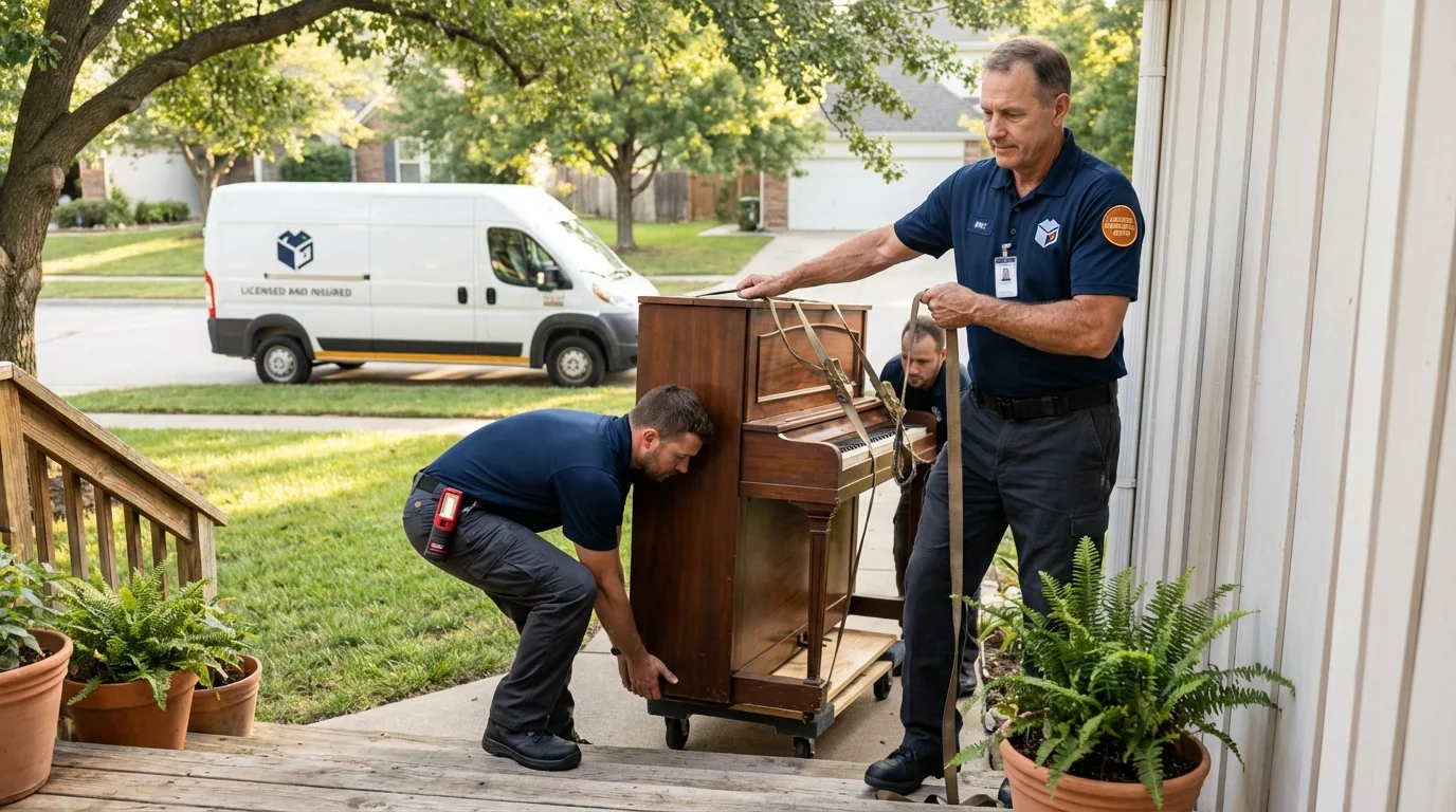 Licensed piano movers securing grand piano in Buffalo Grove, IL