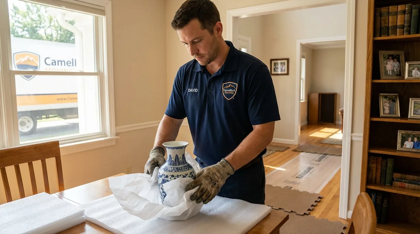 Professional crew carefully wrapping antique vase for senior downsizing move in Buffalo Grove, IL